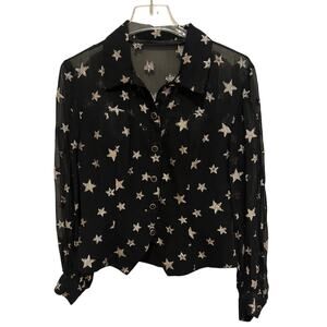 Vintage Jessica Howard Star Print Sheer Blouse Size 10 Black Metallic USA